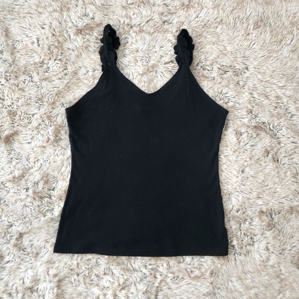 Pinkmstyle‎ Sleeveless Ruffle Strap V-Neck Ribbed Black Tank Top Women's Size XL